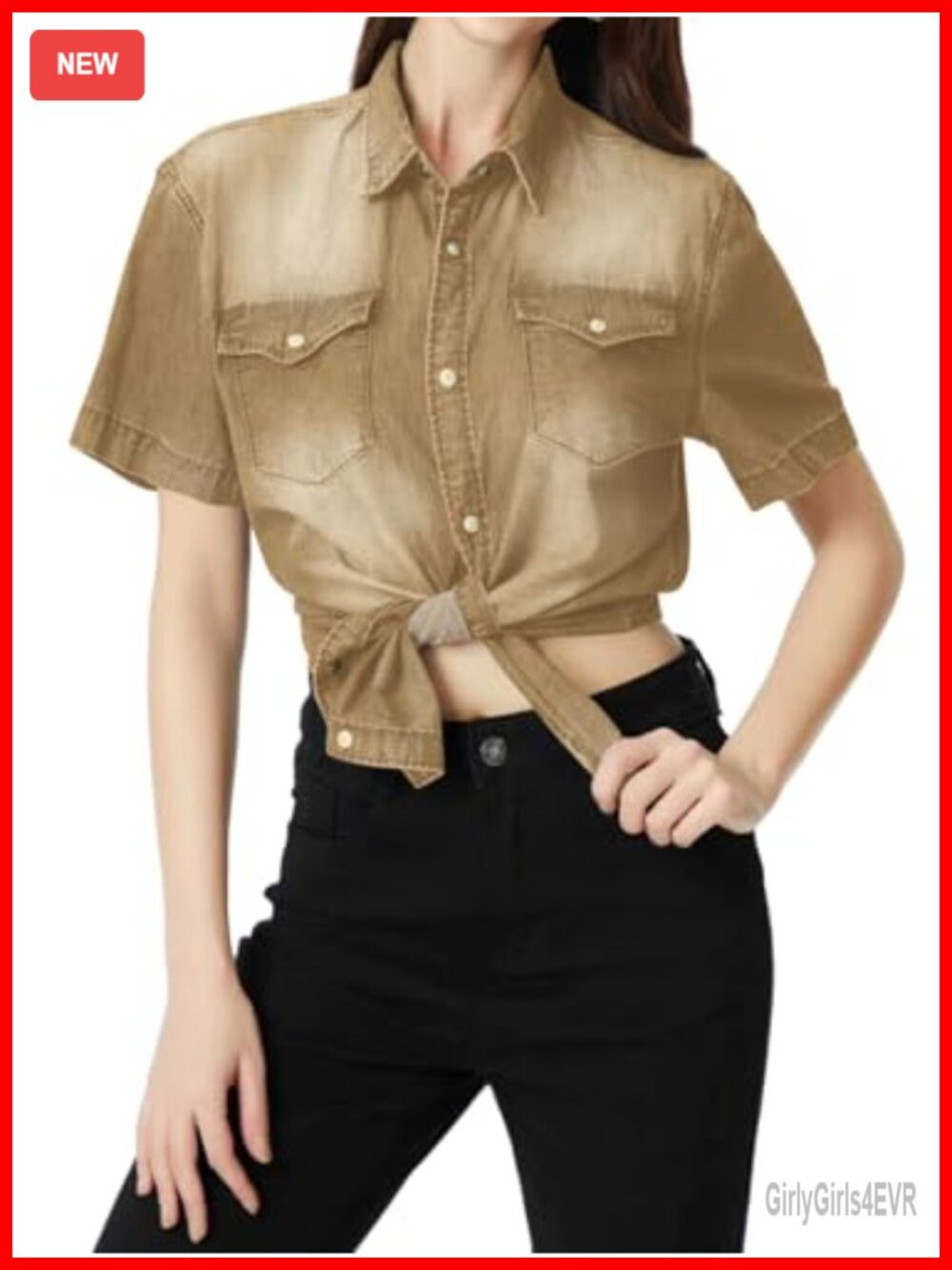 Denim Button Down Shirt Short Sleeve Collared Chest Pockets